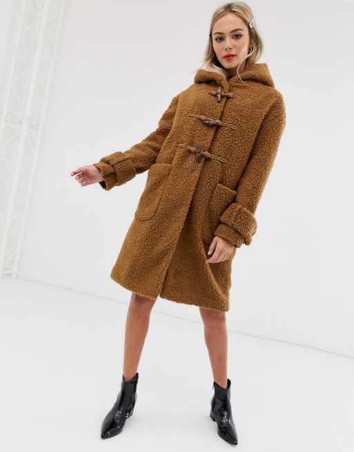ASOS DESIGN borg hooded duffle coat in brown | ASOS
