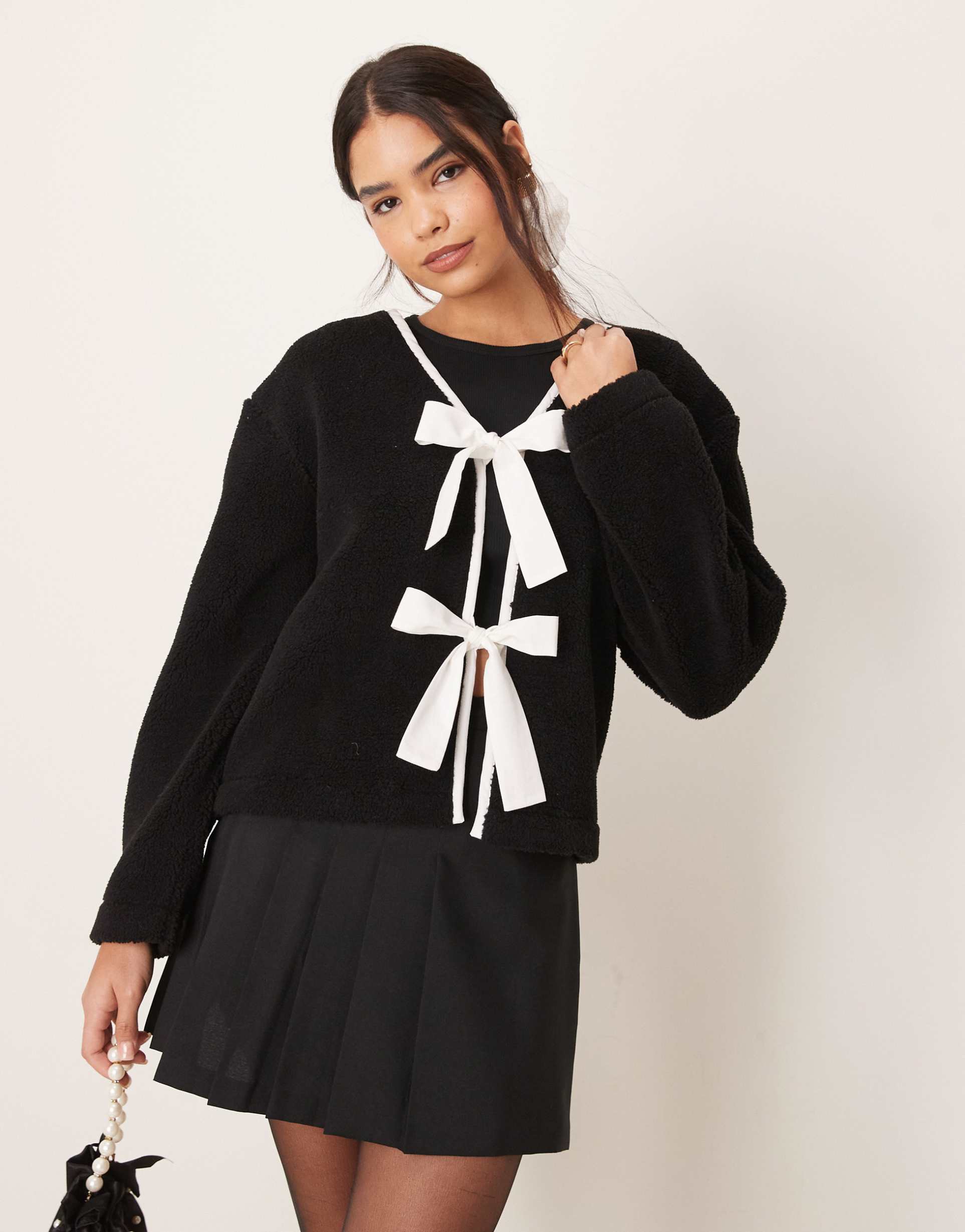 asos design borg jacket with bow tie details in black