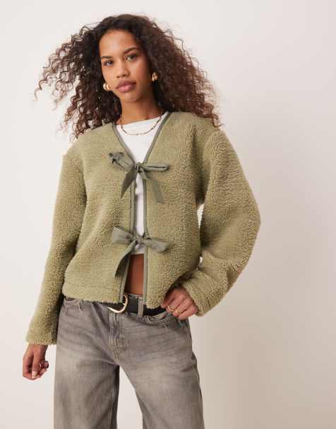 ASOS DESIGN borg jacket with bow tie details in sage green - view 1