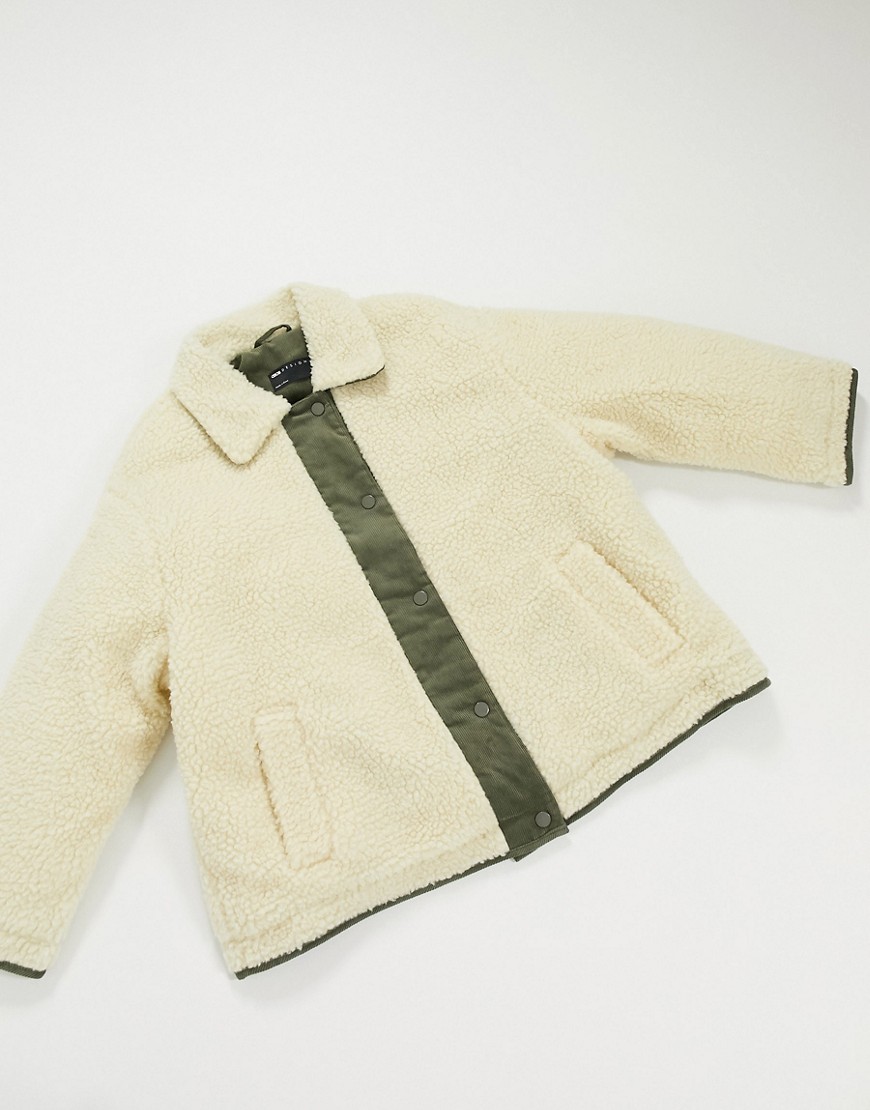ASOS DESIGN borg jacket with corduroy panels in cream-White