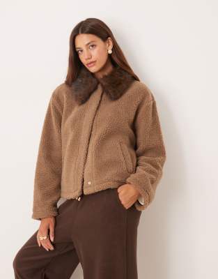 Asos Design Borg Jacket With Leopard Faux Fur Collar-brown