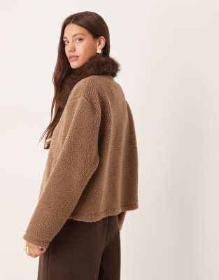 Asos Design Borg Jacket With Leopard Faux Fur Collar-brown In Brown