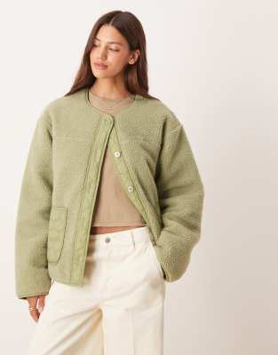 Asos Design Borg Jacket With Quilted Nylon Detail In Green