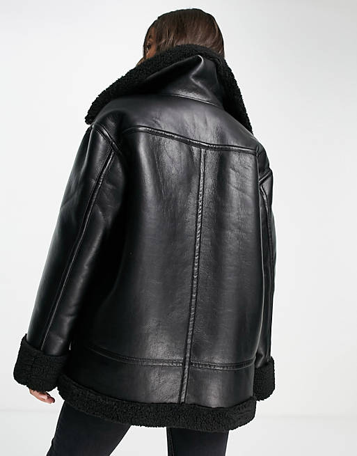 Women borg leather look aviator in black 