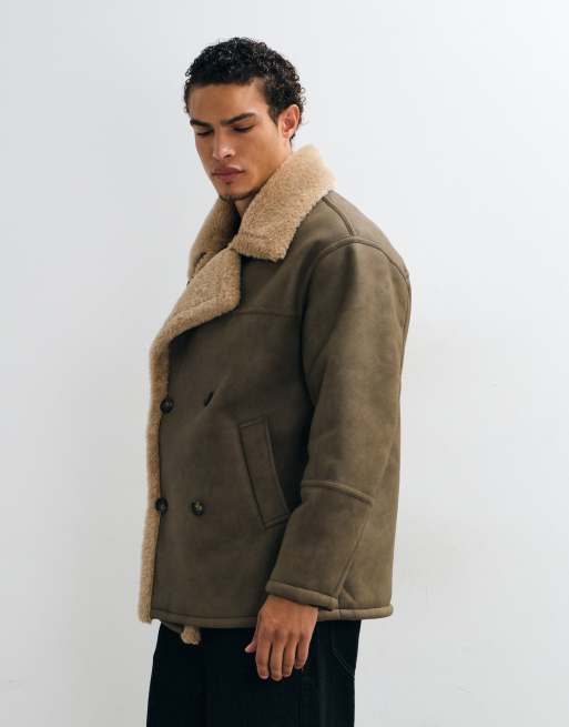 ASOS DESIGN borg lined aviator jacket in pale brown, 3 of 5