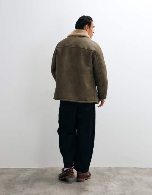 ASOS DESIGN borg lined aviator jacket in pale brown, 4 of 5