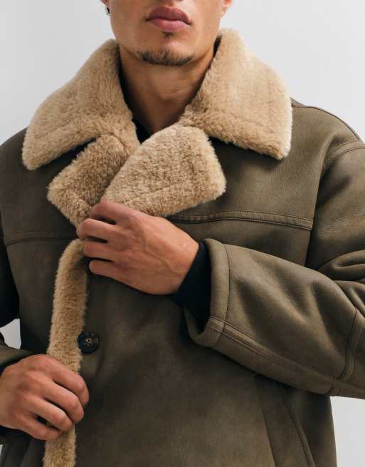 ASOS DESIGN borg lined aviator jacket in pale brown, 5 of 5