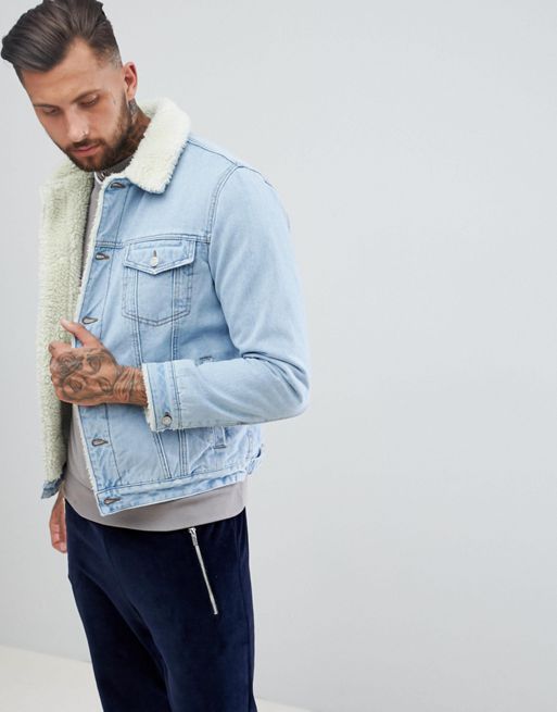 ASOS DESIGN Curve borg fleece lined denim jacket in washed blue