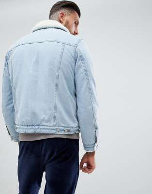 asos design borg lined denim jacket in black