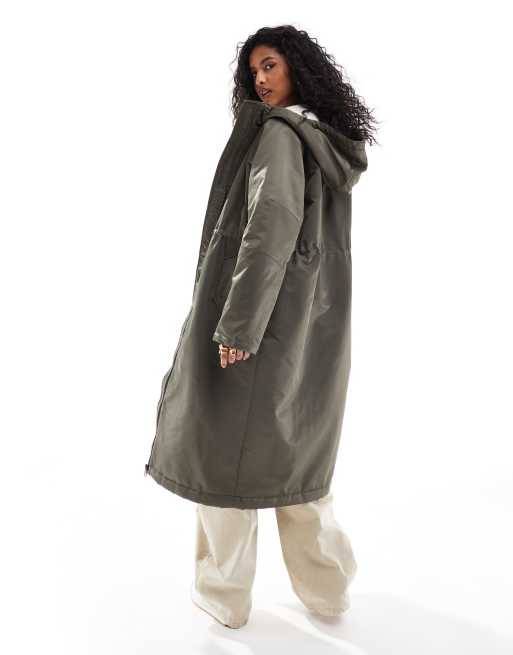 ASOS DESIGN borg lined longline rain coat in khaki