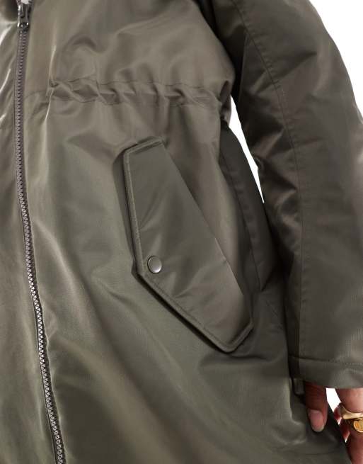 ASOS DESIGN teddy lined longline raincoat in khaki