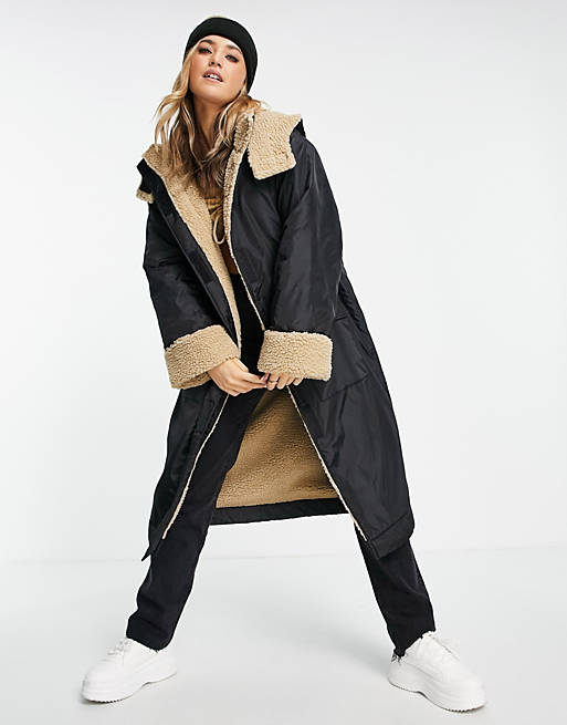 ASOS DESIGN borg lined maxi rain coat in black