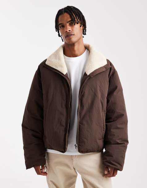 ASOS DESIGN borg lined puffer in brown - view 1