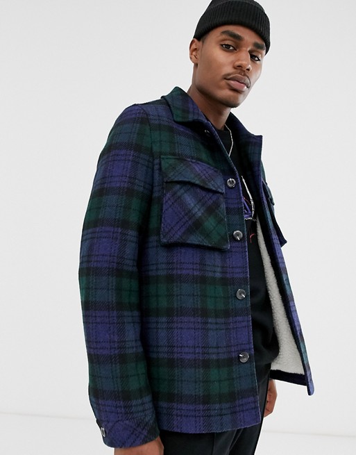 ASOS DESIGN borg lined wool mix jacket in navy check