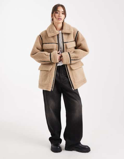 ASOS DESIGN borg outer mid length jacket in stone - view 1