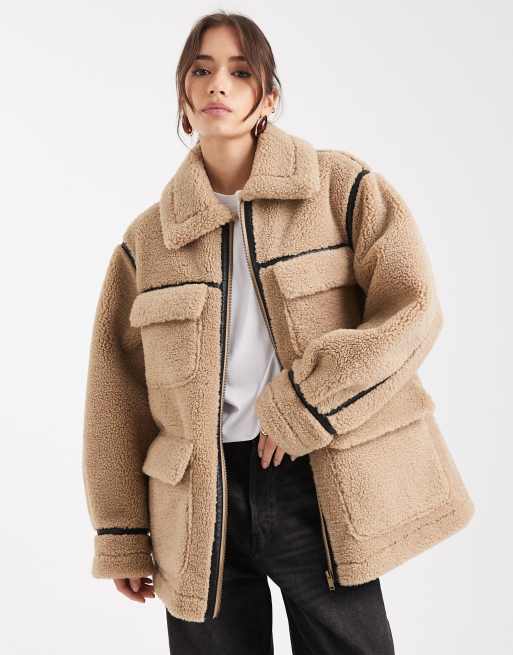 ASOS DESIGN borg outer mid length jacket in stone, 2 of 4