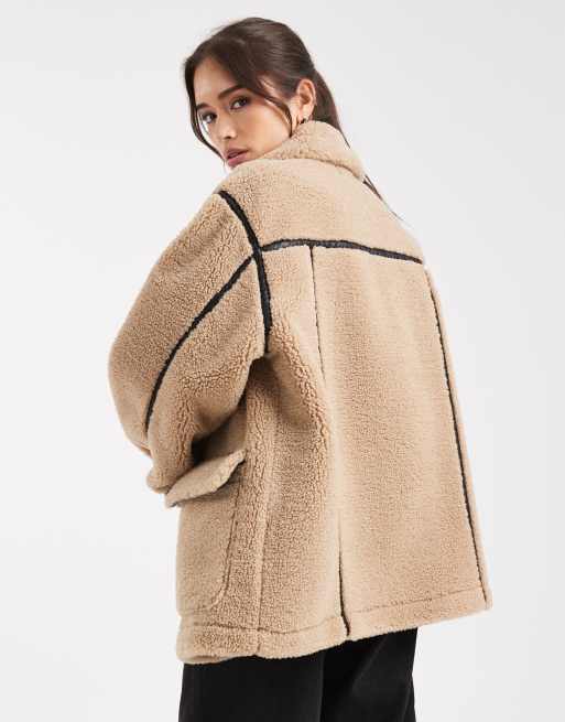 ASOS DESIGN borg outer mid length jacket in stone, 4 of 4