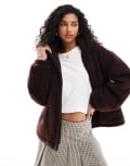 [ASOS DESIGN] ASOS DESIGN borg oversized funnel neck jacket in brown XS Brown