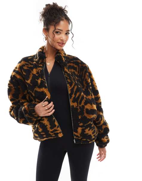 ASOS DESIGN borg oversized pull on zip through fleece in tiger print - view 1