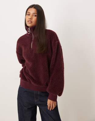 Asos Design Borg Oversized Zip Up Top With High Neck In Burgundy