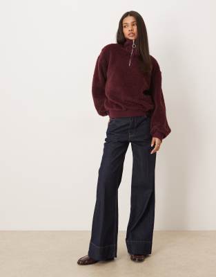 Asos Design Borg Oversized Zip Up Top With High Neck In Burgundy