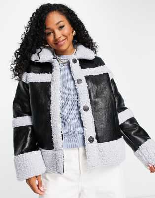 ASOS DESIGN borg panelled jacket in black and blue | ASOS