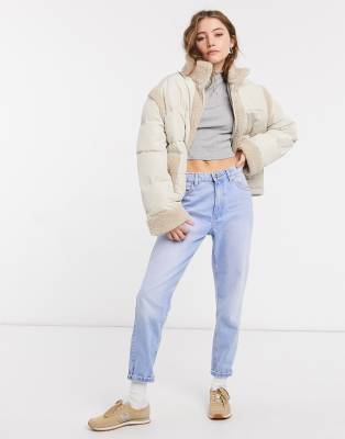 ASOS DESIGN borg panelled puffer jacket in cream | ASOS