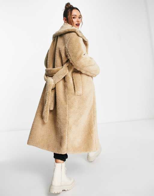 ASOS DESIGN borg patched longline parka in camel