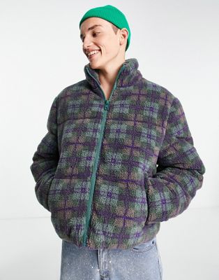 ASOS DESIGN borg puffer in purple and green check