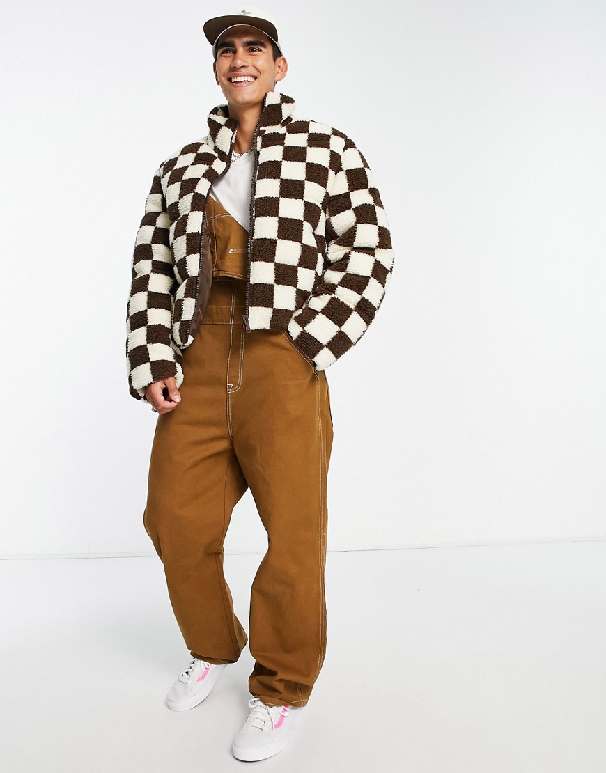 ASOS DESIGN borg puffer jacket in checkboard print in brown