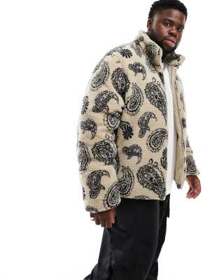 ASOS DESIGN borg puffer jacket in paisley print in ecru-Neutral