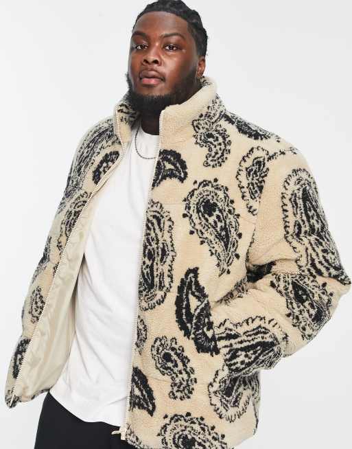 ASOS DESIGN borg puffer jacket in paisley print in stone