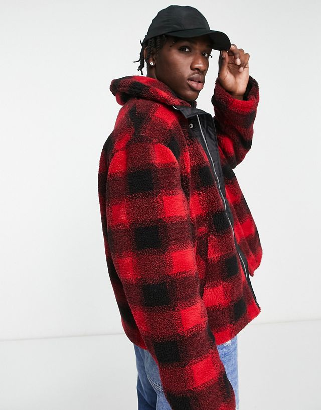 ASOS DESIGN borg puffer jacket in red check