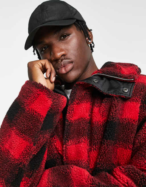 ASOS DESIGN borg puffer jacket in red check