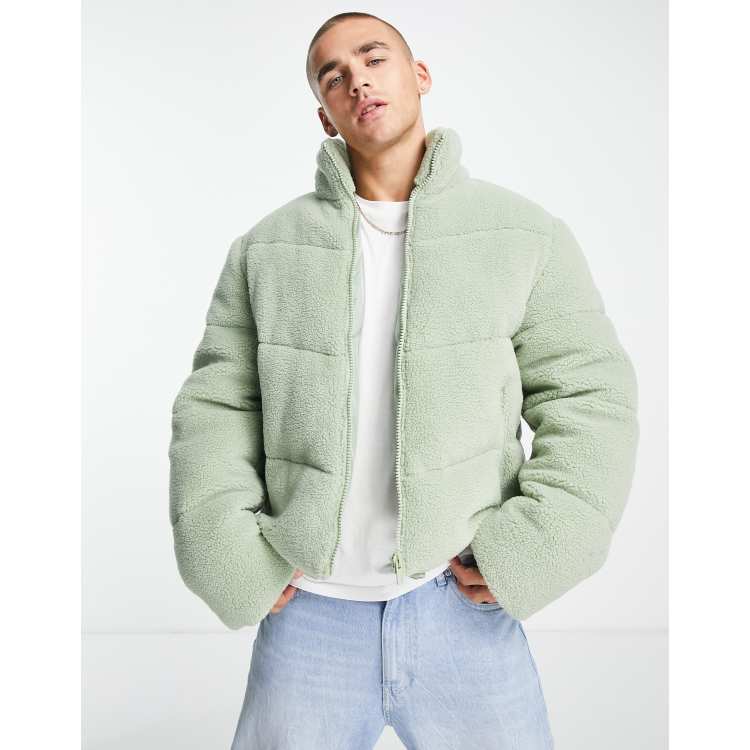 ASOS DESIGN borg puffer jacket in sage green | ASOS