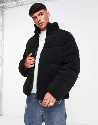 ASOS DESIGN borg puffer jacket with removable hood in black