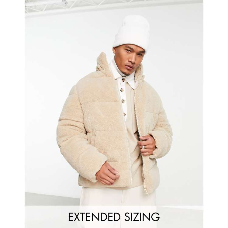 ASOS DESIGN borg puffer jacket with removable hood in ecru