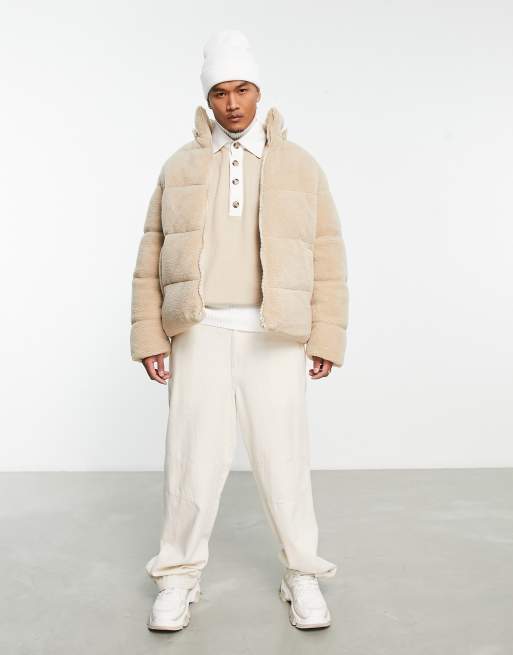 ASOS DESIGN borg puffer jacket with removable hood in ecru