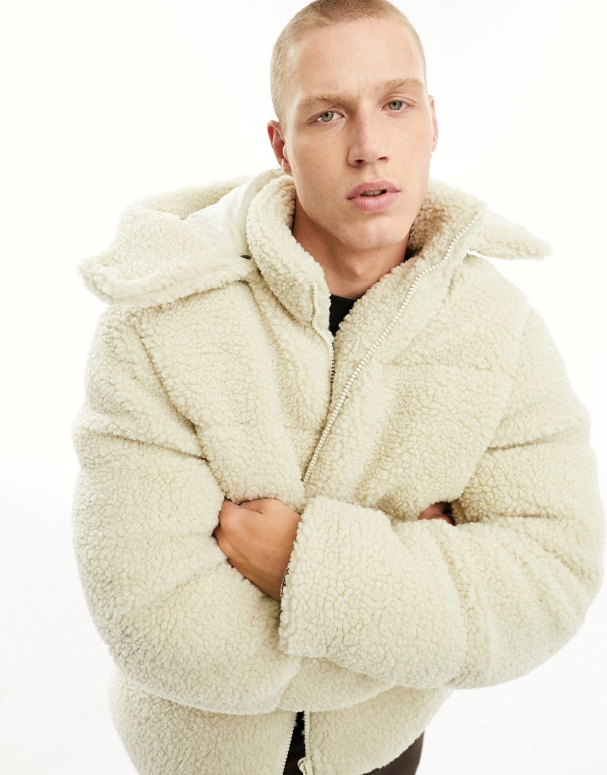 ASOS DESIGN borg puffer jacket with removable hood in ecru-Neutral