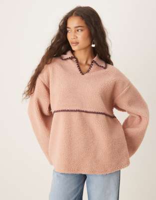 Asos Design Borg Pullover Sweat With Blanket Stitch Detail In Neutral