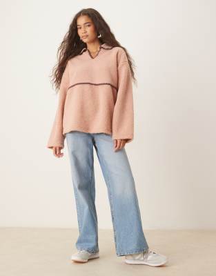 Asos Design Borg Pullover Sweat With Blanket Stitch Detail In Neutral