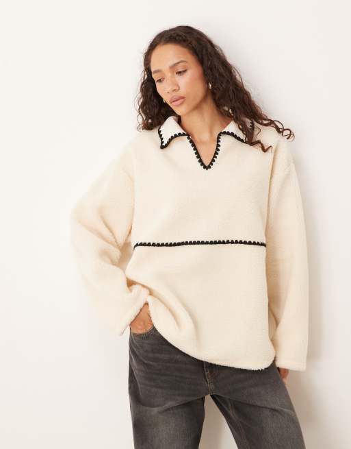 ASOS DESIGN borg pullover sweat with blanket stitch detail in cream and black