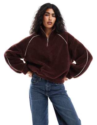 borg pullover top with contrast piping in chocolate-Brown