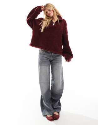ASOS DESIGN ASOS DESIGN borg quarter zip through fleece in burgundy-Red