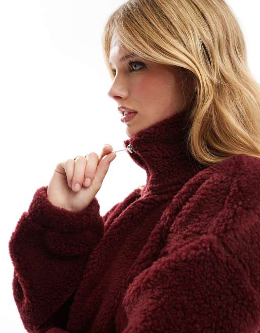 ASOS DESIGN borg quarter zip through fleece in burgundy