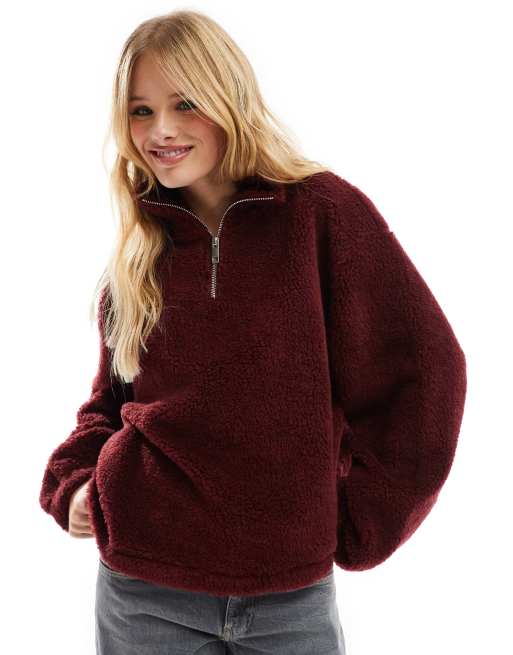 ASOS DESIGN borg quarter zip through fleece in burgundy ASOS