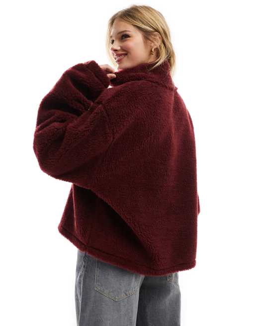 ASOS DESIGN borg quarter zip through fleece in burgundy