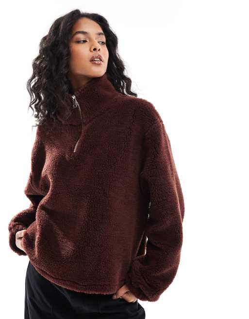 ASOS DESIGN borg quarter zip through fleece in chocolate, 2 of 4