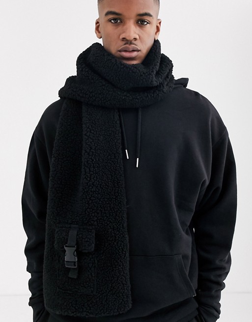 ASOS DESIGN scarf in black borg and nylon with buckle detail
