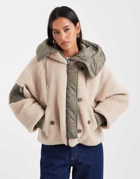 ASOS DESIGN borg snorkel hooded parka in khaki - view 1